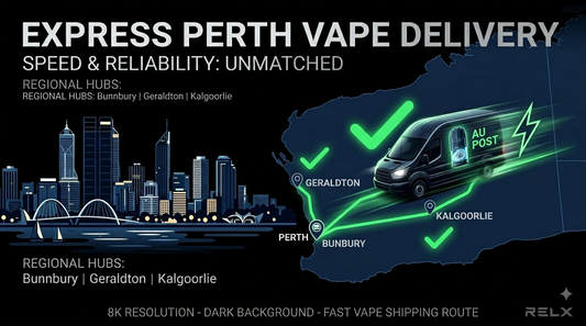 Australia map showing express shipping route from Melbourne warehouse to Perth with Australia Post delivery icons dark background