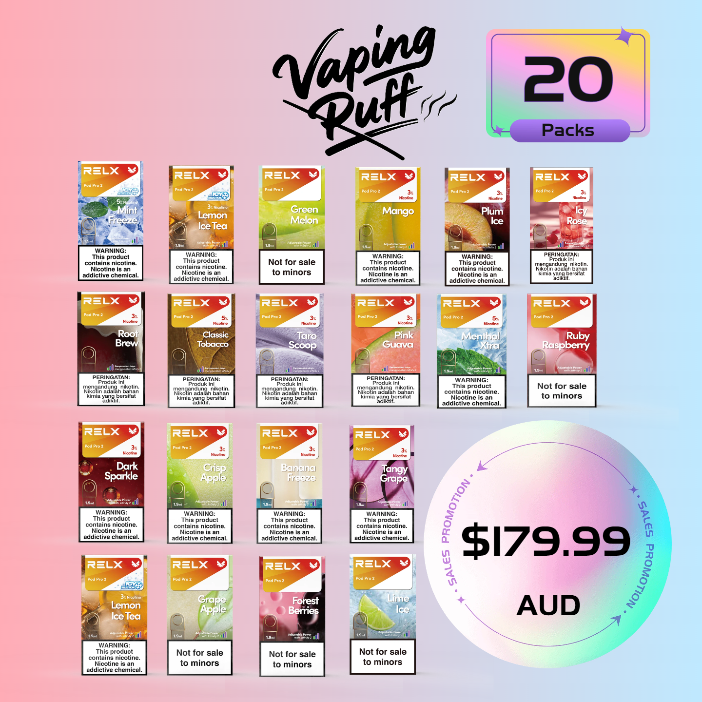 20 × Relx Pods $179.99 AUD